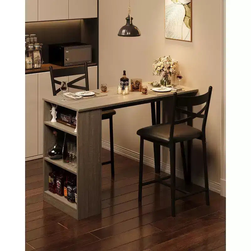 Set da Tavolo da Bar a 3 Pezzi per 2 Persone, Set Tavolo da Bar e Sedie con Estensione a Ribalta, Set da Pranzo con Ripiani Portaoggetti, Adatto per Piccoli Spazi