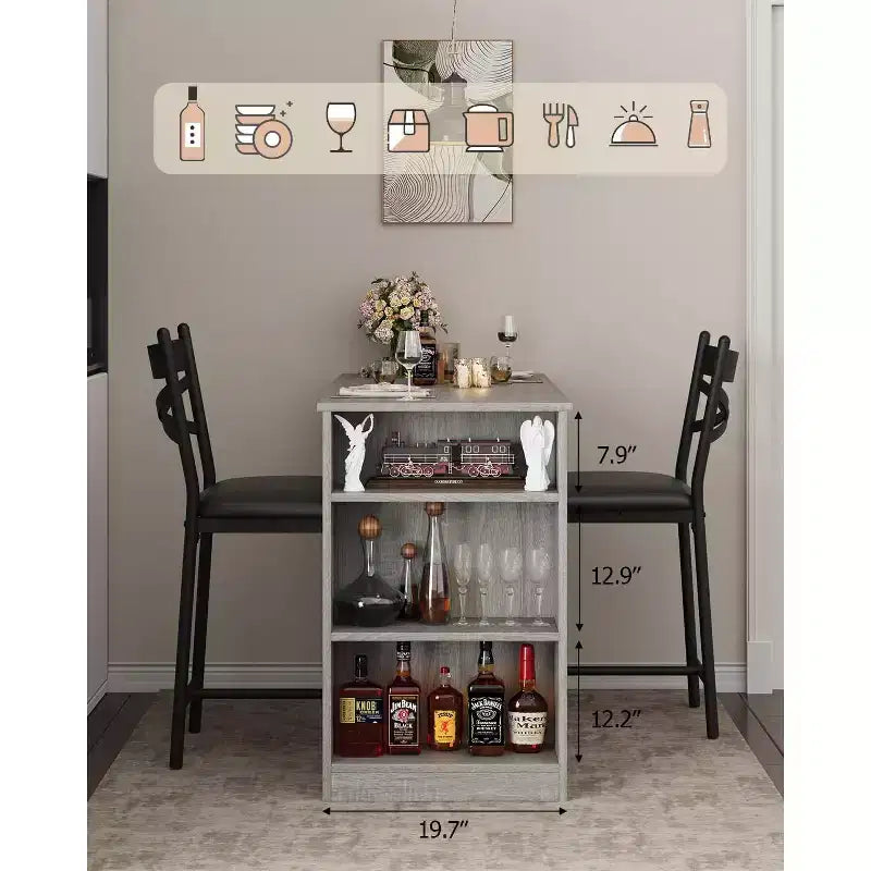 Set da Tavolo da Bar a 3 Pezzi per 2 Persone, Set Tavolo da Bar e Sedie con Estensione a Ribalta, Set da Pranzo con Ripiani Portaoggetti, Adatto per Piccoli Spazi