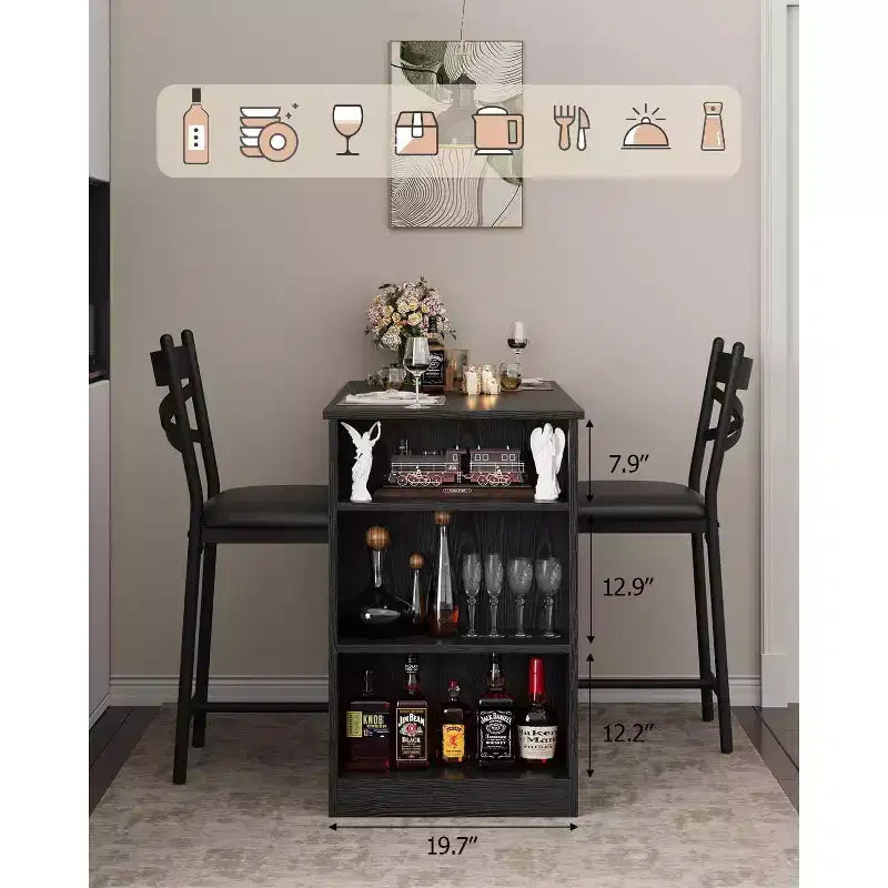 Set da Tavolo da Bar a 3 Pezzi per 2 Persone, Set Tavolo da Bar e Sedie con Estensione a Ribalta, Set da Pranzo con Ripiani Portaoggetti, Adatto per Piccoli Spazi