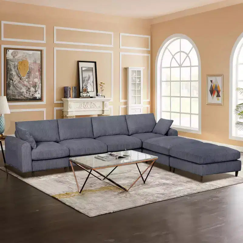 PexFix Divano componibile moderno a 6 posti in velluto a coste, a forma di U convertibile a L con pouf e cuscini per soggiorno ufficio Grigio