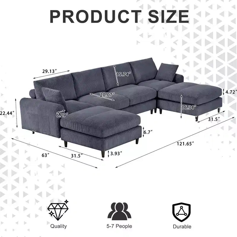 PexFix Divano componibile moderno a 6 posti in velluto a coste, a forma di U convertibile a L con pouf e cuscini per soggiorno ufficio Grigio