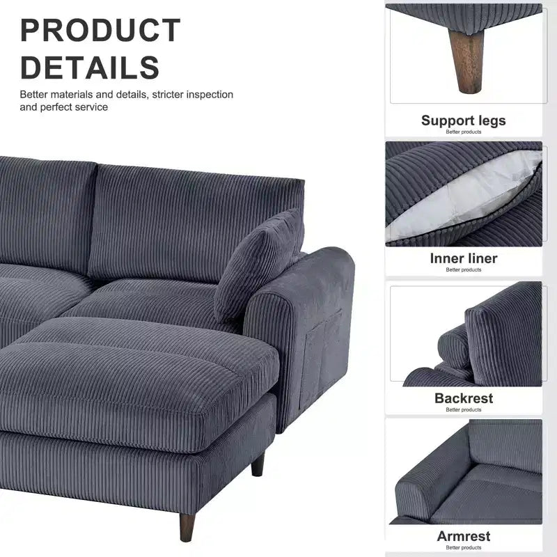 PexFix Divano componibile moderno a 6 posti in velluto a coste, a forma di U convertibile a L con pouf e cuscini per soggiorno ufficio Grigio
