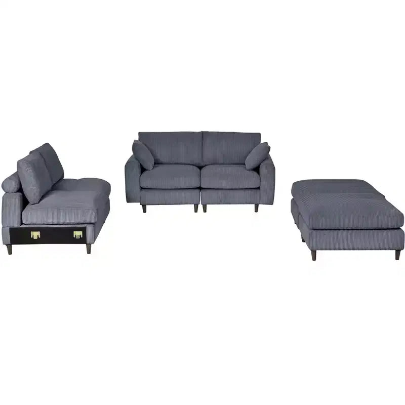 PexFix Divano componibile moderno a 6 posti in velluto a coste, a forma di U convertibile a L con pouf e cuscini per soggiorno ufficio Grigio