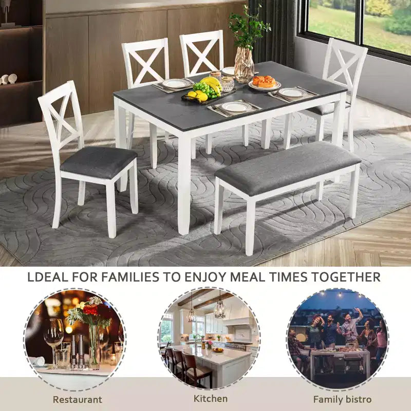 GDFStudio Alvarez Sedie e Panca da Pranzo Moderne in Gomma e Tessuto, Set da 6 Pezzi con Tavolo da Pranzo Rettangolare