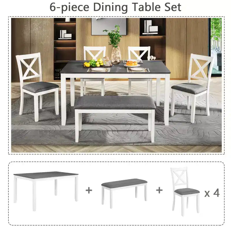 GDFStudio Alvarez Sedie e Panca da Pranzo Moderne in Gomma e Tessuto, Set da 6 Pezzi con Tavolo da Pranzo Rettangolare