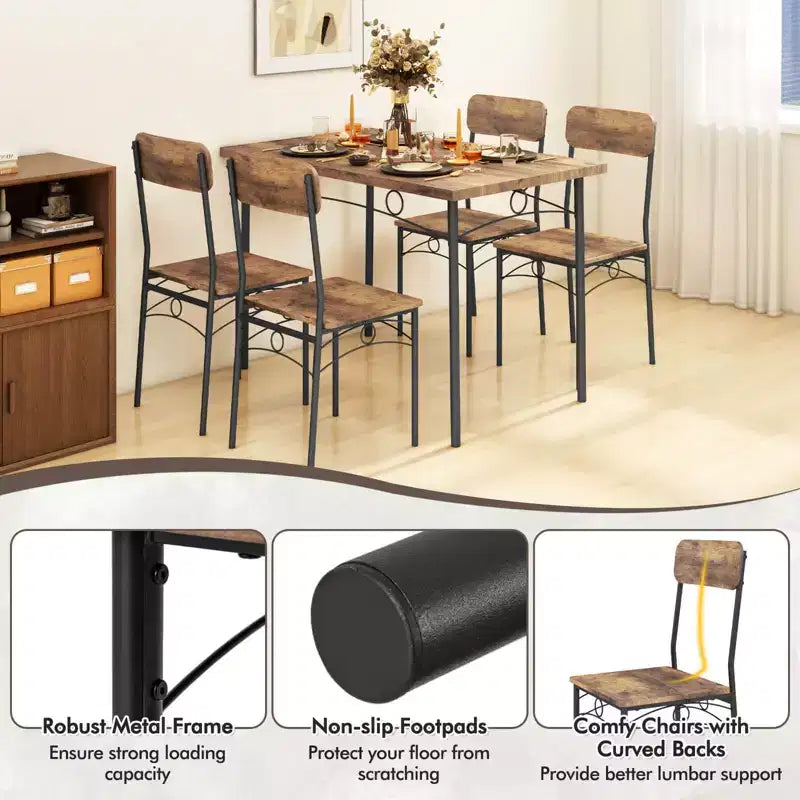 Costway Set 5 Pezzi Mobili da Cucina Industriale Sala da Pranzo con Tavolo Rettangolare in Legno e 4 Sedie
