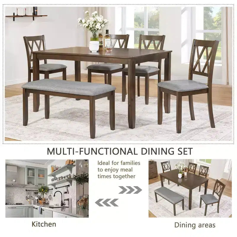 Homy Casa Set da Pranzo da 6 Pezzi in Legno con 4 Sedie Imbottite e Panca, Tavolo da Cucina Rettangolare, Noce