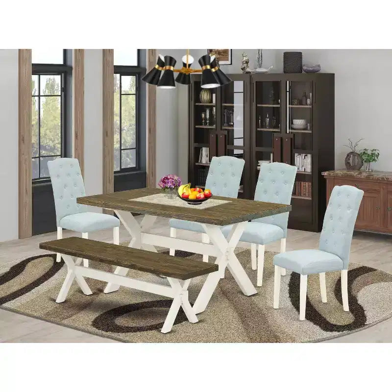 Tavolo da pranzo HomeStock in rovere naturale con 1 panca e 4 sedie, 6 pezzi