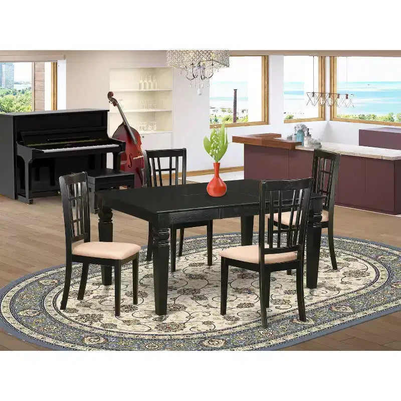 HomeStock Set sala da pranzo 5 pezzi: tavolo rettangolare con piano in legno massello finitura nera e 4 sedie