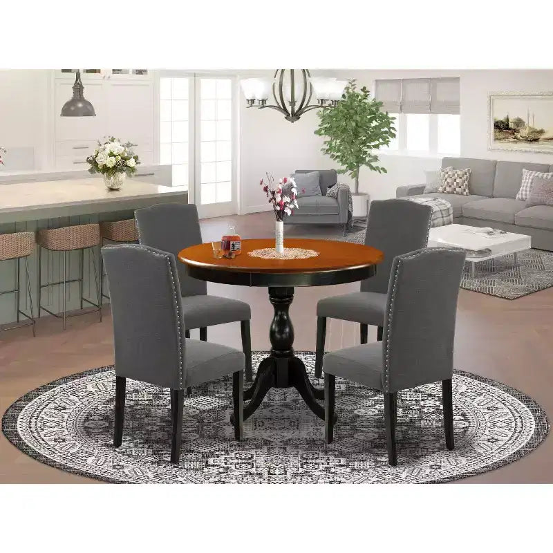 Tavolo da pranzo HomeStock 5 pezzi, rotondo, piano in legno massello nero e ciliegio con 4 sedie