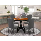 Tavolo da pranzo HomeStock 5 pezzi, rotondo, piano in legno massello nero e ciliegio con 4 sedie