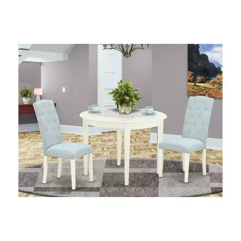 Set da pranzo da 3 pezzi - Tavolo da cucina e 2 sedie - Piccolo tavolo rotondo - Bianco lino e azzurro baby