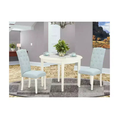 3Pc Dinette Set - Kitchen Table & 2 Chairs - Small Round Table - Linen White & Baby Blue