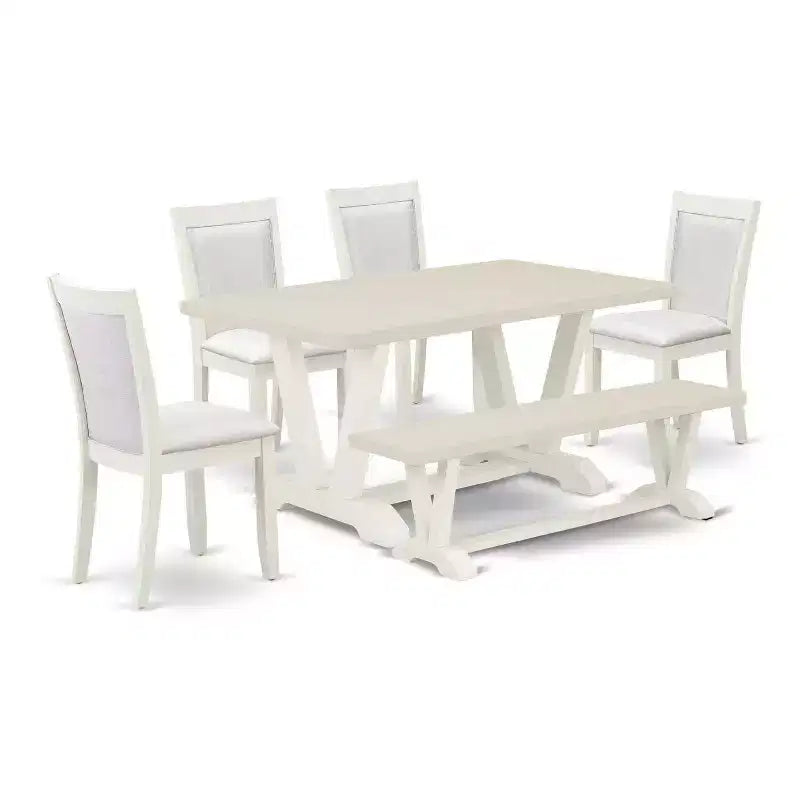HomeStock 6-Piece Rectangle Wire Brushed Linen White Finish Solid Wood Top Dining Table with 1-Bench, 4-Chairs