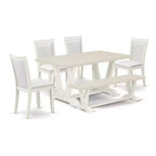 HomeStock 6-Piece Rectangle Wire Brushed Linen White Finish Solid Wood Top Dining Table with 1-Bench, 4-Chairs