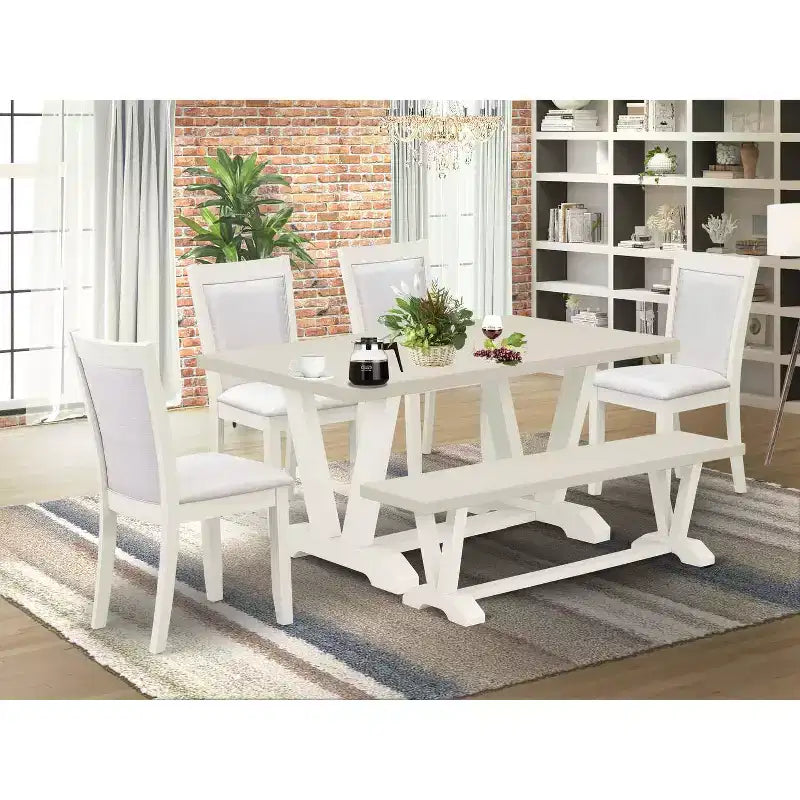 HomeStock Tavolo da Pranzo Rettangolare da 6 Pezzi in Legno Massello con Finitura Lino Bianco Spazzolato e 1 Panca, 4 Sedie