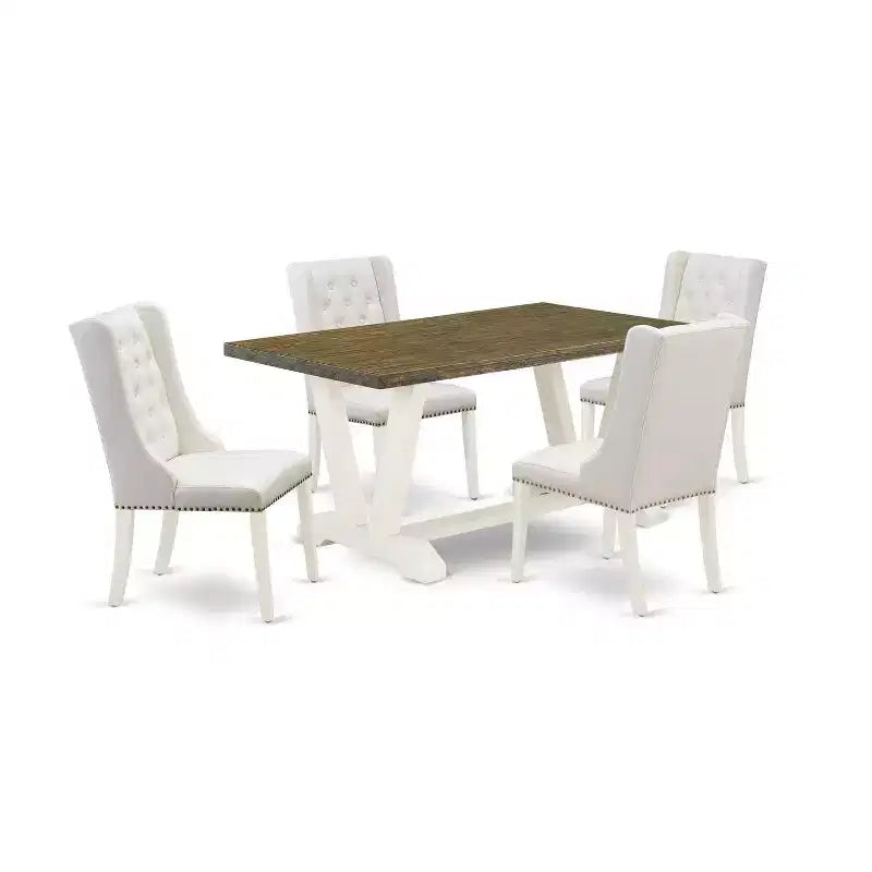 HomeStock 5-Piece Natural Oak Finish Solid Wood Top Dining Table with 4 Upholstered Chairs
