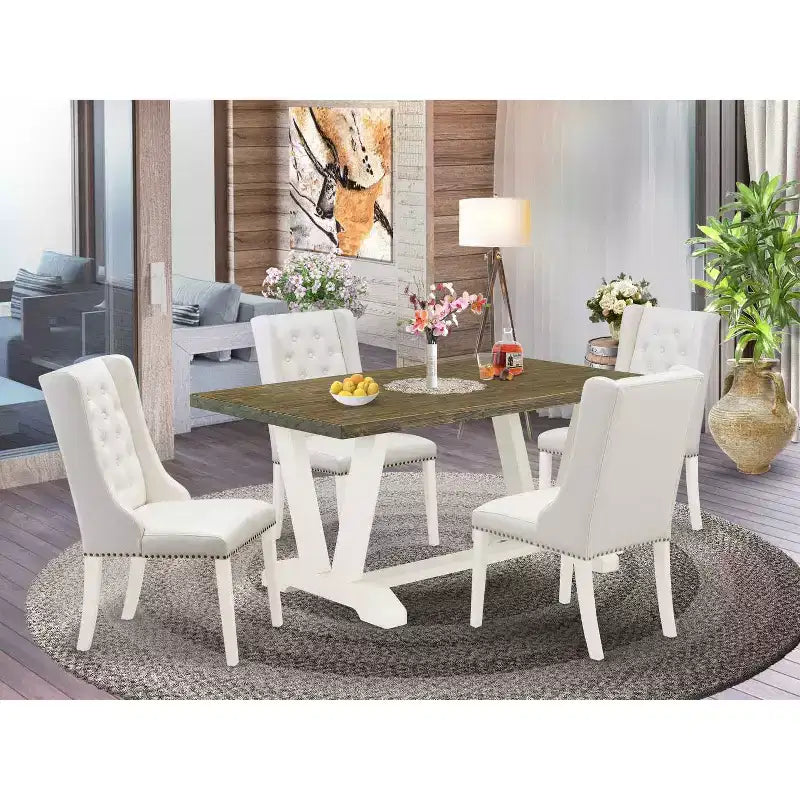 Set da pranzo HomeStock da 5 pezzi con tavolo in legno massello finitura rovere naturale e 4 sedie imbottite