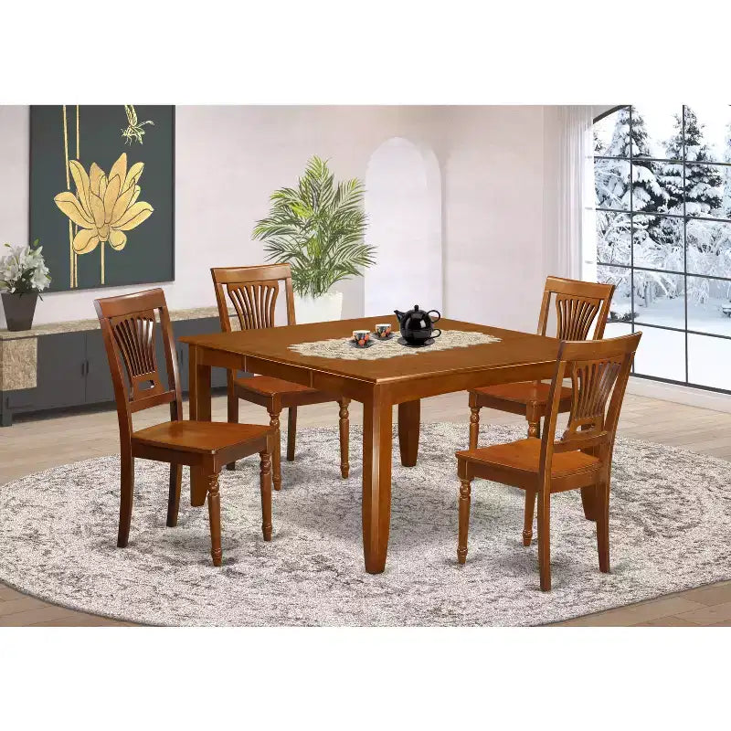 HomeStock set quadrato da pranzo da 5 pezzi con piano in legno massello e finitura marrone sella, con 4 sedie