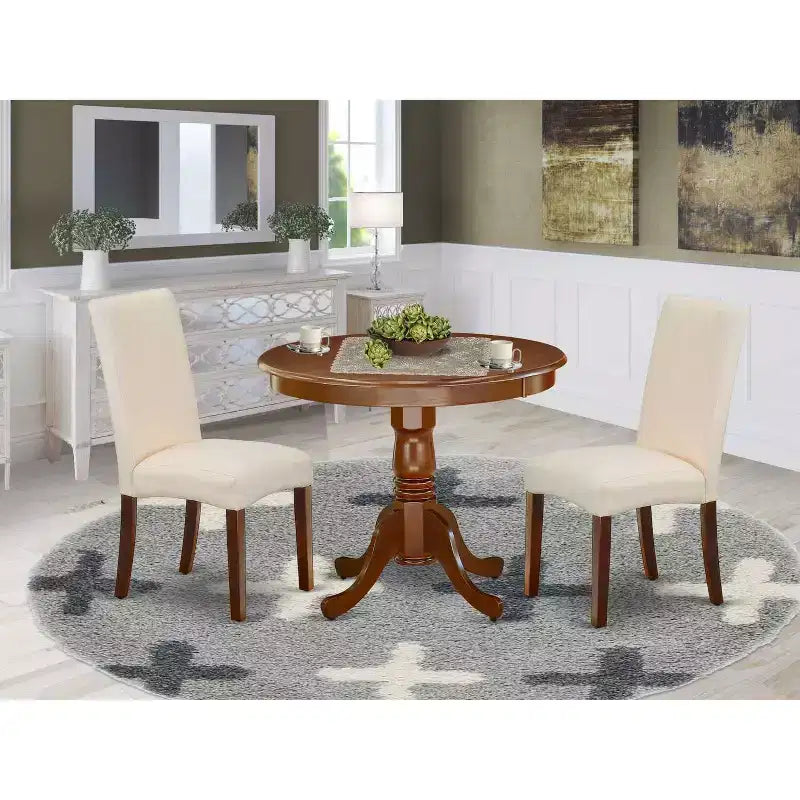 Set tavolo da pranzo rotondo da 36 pollici - Set 3 pezzi tavolo e sedie stile coastal craftsman - Tessuto in lino color crema