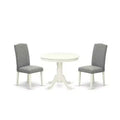 Round Dining Table Set 36 Inch - 3Pc Table & Chairs - Linen White Legs - Dark Shitake Fabric