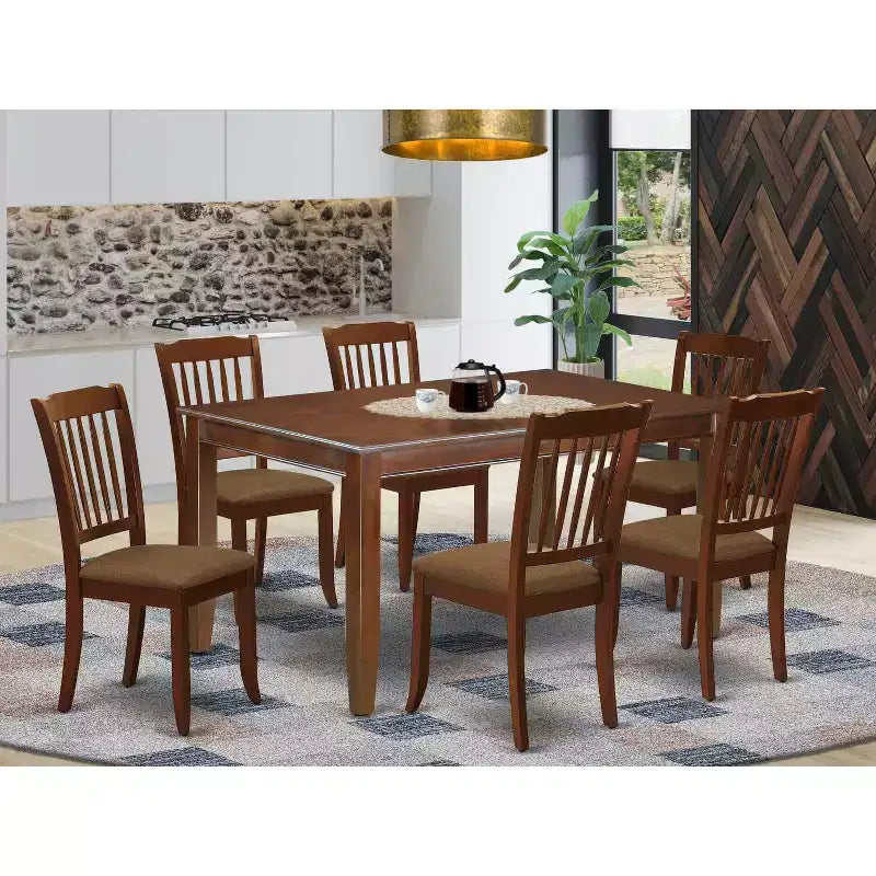 HomeStock Tavolo da Pranzo Rettangolare a 7 Pezzi con Piano in Legno Massello Finitura Mogano e 6 Sedie con Schienale a Doghe
