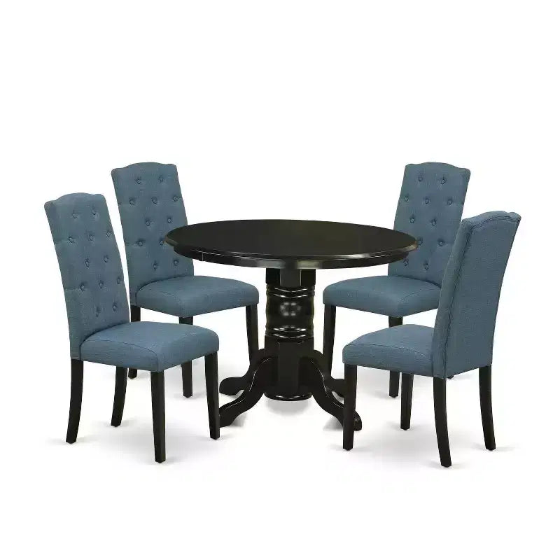 HomeStock 5-Piece Round Black Finish Solid Wood Top Dining Table with 4-Parson Chair