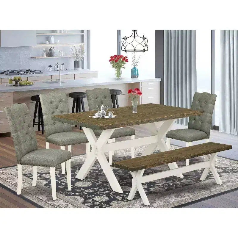 Tavolo da pranzo 6 posti in legno massello finitura rovere naturale con 1 panca e 4 sedie con