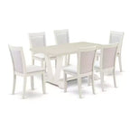 HomeStock 7-Piece Rectangle Wire Brushed Linen White Finish Solid Wood Top Dining Table with 6 Chairs