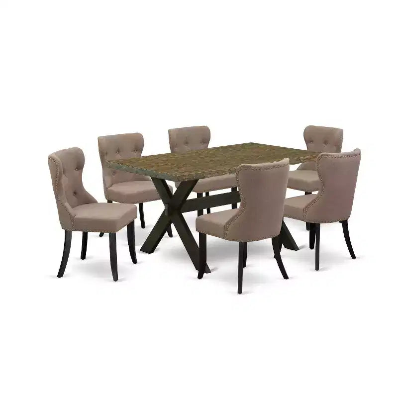 HomeStock 7-Piece Rectangle Distressed Jacobean Finish Solid Wood Top Dining Table with 6-Chairs