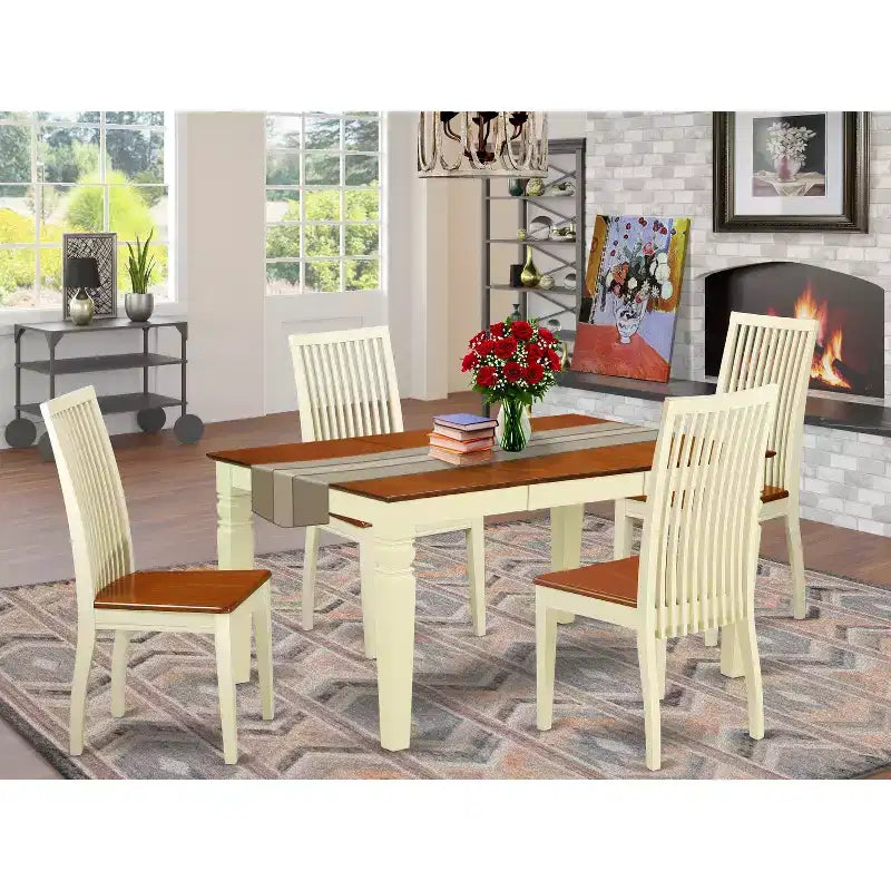 HomeStock Tavolo da Pranzo 5 Pezzi con Piano in Legno Massello Finitura Color Latticello e Ciliegio e 4 Sedie
