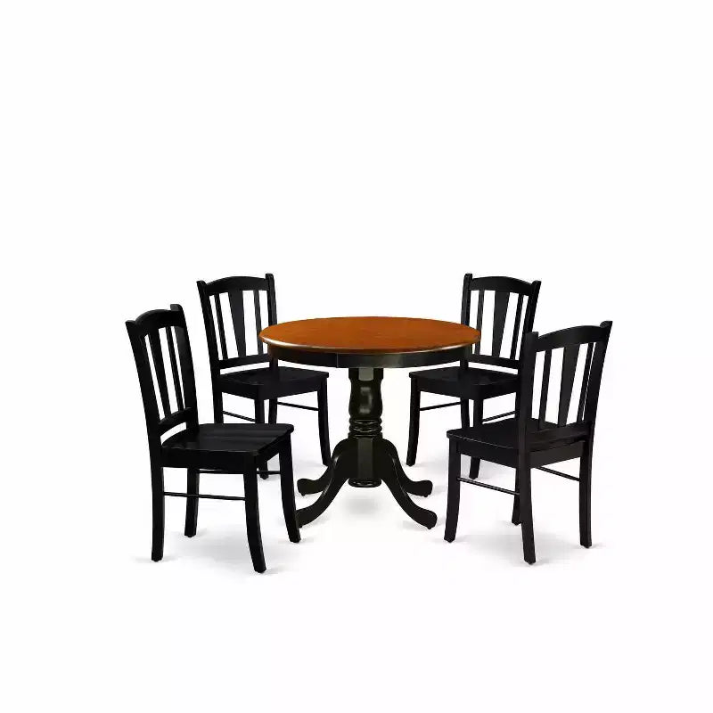 HomeStock 5-Piece Black Finish Solid Wood Top Dining table with 4 Chairs with Slat Back