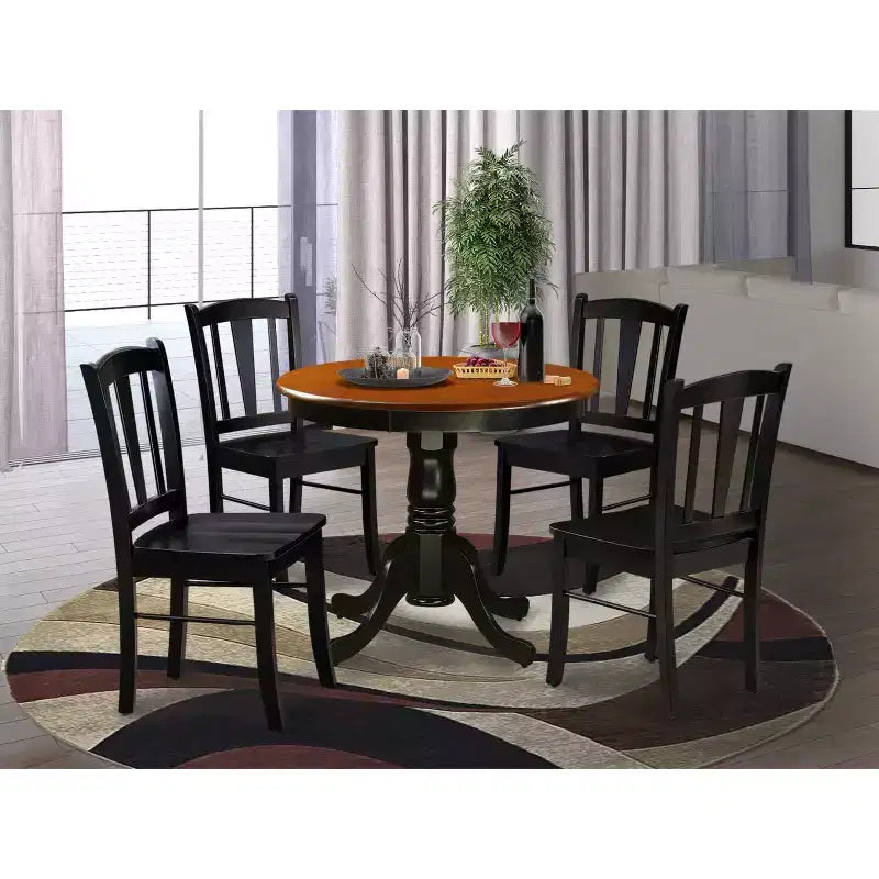 HomeStock 5-Piece Black Finish Solid Wood Top Dining table with 4 Chairs with Slat Back