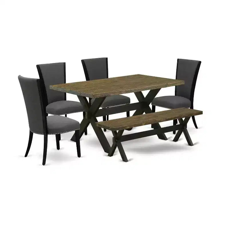 HomeStock 6-Piece Rectangle Distressed Jacobean Finish Solid Wood Top Dining Table with 1-Bench, 4-Chairs