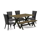 HomeStock 6-Piece Rectangle Distressed Jacobean Finish Solid Wood Top Dining Table with 1-Bench, 4-Chairs