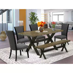 HomeStock Tavolo da pranzo rettangolare a 6 pezzi in legno massello con finitura Jacobean anticata, con 1 panca e 4 sedie