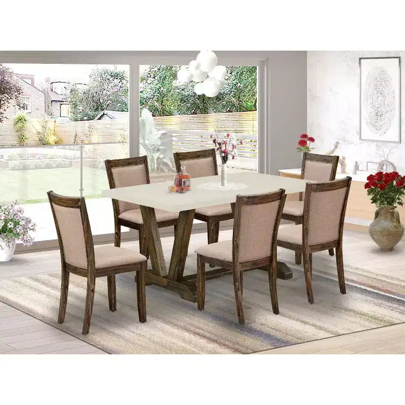 Tavolo da pranzo in legno massiccio HomeStock 7 pezzi con finitura Jacobean anticata e 6 sedie