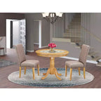 Set da pranzo rotondo medievale - Set da 3 pezzi tavolo e sedie - Finitura rovere - Tessuto in lino kaki scuro - Pranzo accogliente