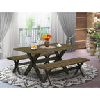 Table à manger rectangulaire HomeStock 3 pièces, plateau en bois massif finition jacobéenne patinée, avec 2 bancs