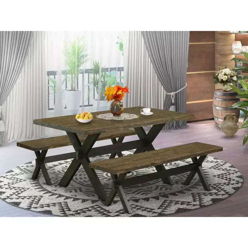 Mesa de jantar HomeStock de 3 peças, retangular, acabamento jacobino envelhecido, tampo de madeira maciça, com 2 bancos