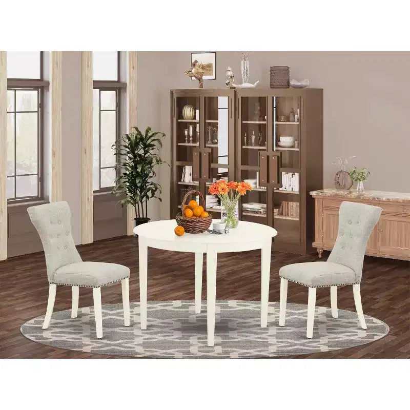 Set da Pranzo Rotondo - 3 Pezzi Tavolo & Sedie da Cucina - Finitura Bianco Lino - Design Moderno Parson