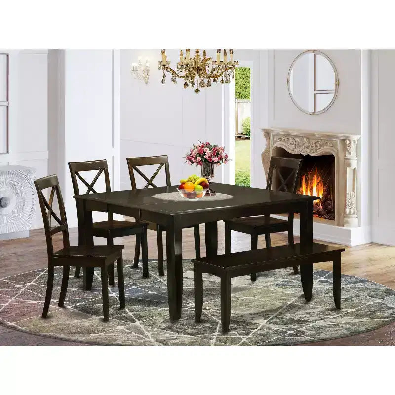 Tavolo da pranzo HomeStock 6 pezzi quadrati in legno massello con finitura color cappuccino, con 1 panca e 4 sedie
