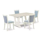 HomeStock 5-Piece Wire Brushed Linen White Finish Solid Wood Top Dining Table with 4 Upholstered Chairs
