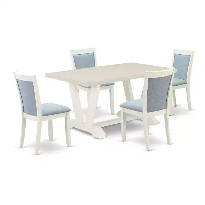 HomeStock 5-Piece Wire Brushed Linen White Finish Solid Wood Top Dining Table with 4 Upholstered Chairs