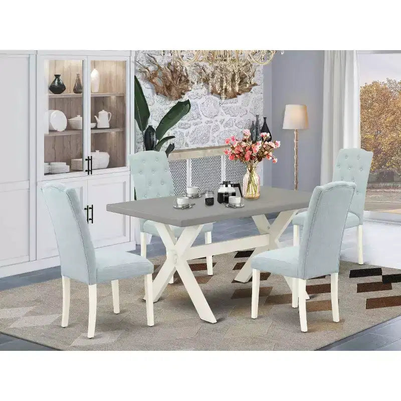 Tavolo da pranzo HomeStock rettangolare a 5 pezzi in legno massello con finitura in rovere naturale e 4 sedie imbottite