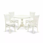 HomeStock 5-Piece Round Linen White Finish Solid Wood Top Dining table with 4 Chairs with Slat Back