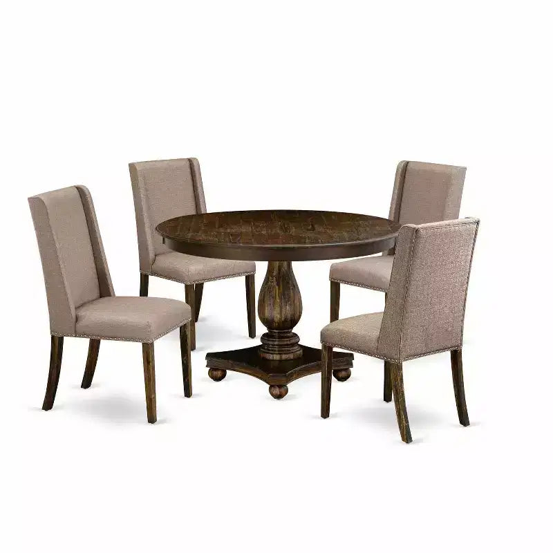 HomeStock 5-Piece Distressed Jacobean Finish Solid Wood Top Dining Table with 4 Parson Chair