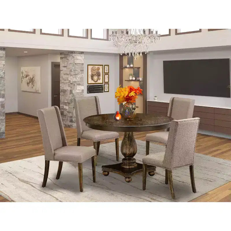 HomeStock Tavolo da pranzo a 5 pezzi con piano in legno massiccio, finitura in stile giacobiano anticato, e 4 sedie Parson