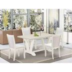 HomeStock Set da pranzo da 5 pezzi: tavolo rettangolare con finitura in lino spazzolato bianco e piano in legno massello con 4 sedie Parson