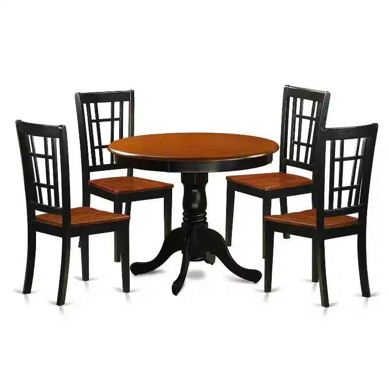 5-Piece Round Black Finish Solid Wood Top Dining table with 4-Chairs with